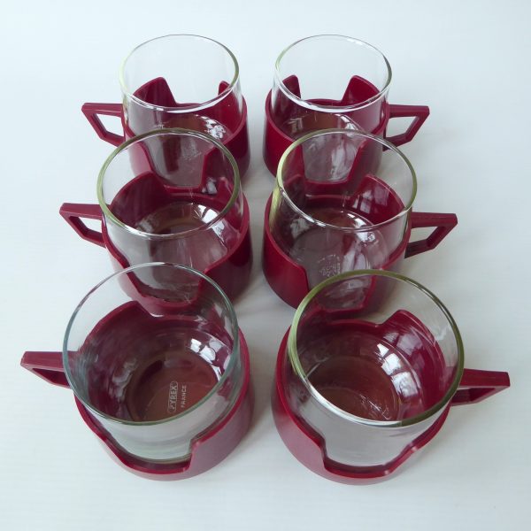 Vintage Pyrex DrinkUps glass & burgundy cups mugs. Set 6 retro drink ups - Image 6