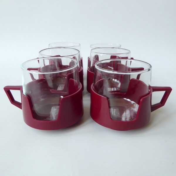 Vintage Pyrex DrinkUps glass & burgundy cups mugs. Set 6 retro drink ups - Image 7