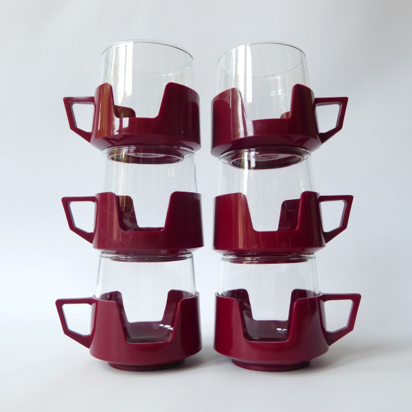 Vintage Pyrex DrinkUps glass & burgundy cups mugs. Set 6 retro drink ups