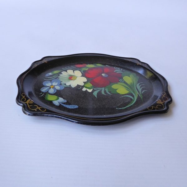 Vintage USSR Soviet Russian Lacquer Ware small tray, black & gold flowers 1970s - Image 3