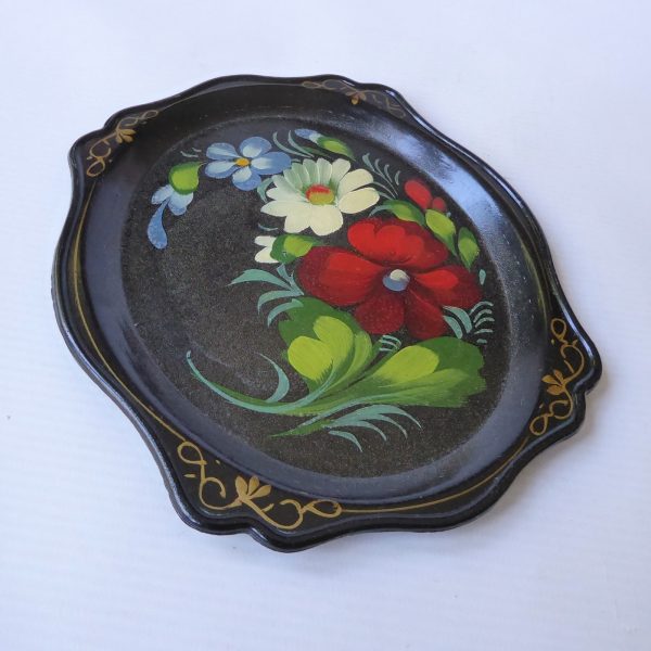 Vintage USSR Soviet Russian Lacquer Ware small tray, black & gold flowers 1970s - Image 4