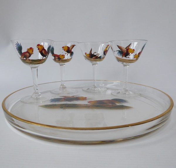 Vintage glass cocktail set, four cockerel glasses, glass tray & mixer/shaker jug - Image 4