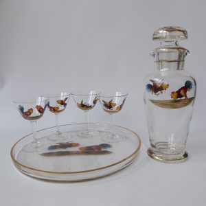Vintage glass cocktail set, four cockerel glasses, glass tray & mixer/shaker jug