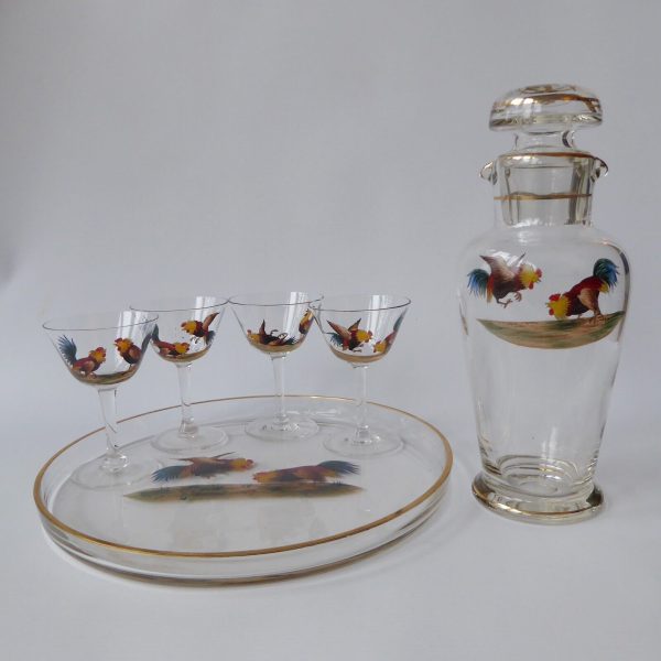 Vintage glass cocktail set, four cockerel glasses, glass tray & mixer/shaker jug