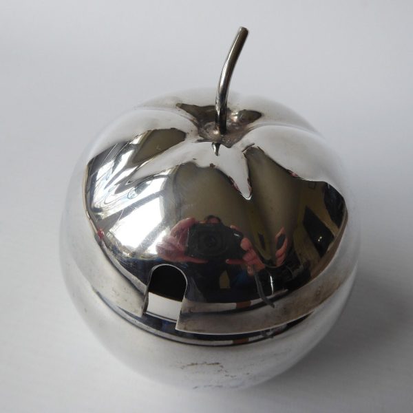 Yeoman vintage silver plated apple shaped jam pot glass lined. Sugar sauce 1950s - Image 8