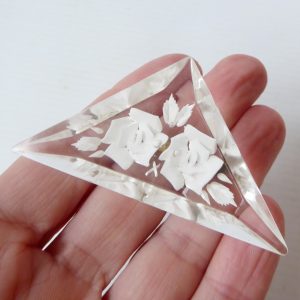 1950s triangular reverse carved lucite perspex brooch white rose flower, vintage