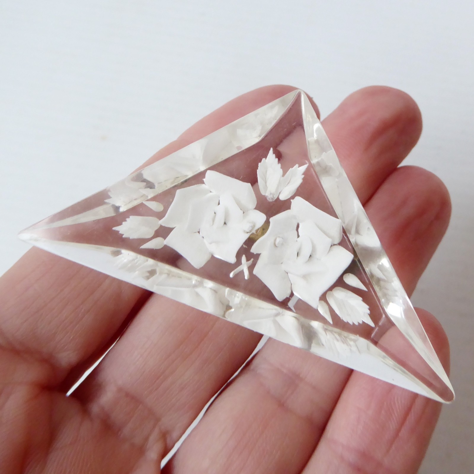 1950s triangular reverse carved lucite perspex brooch white rose flower, vintage