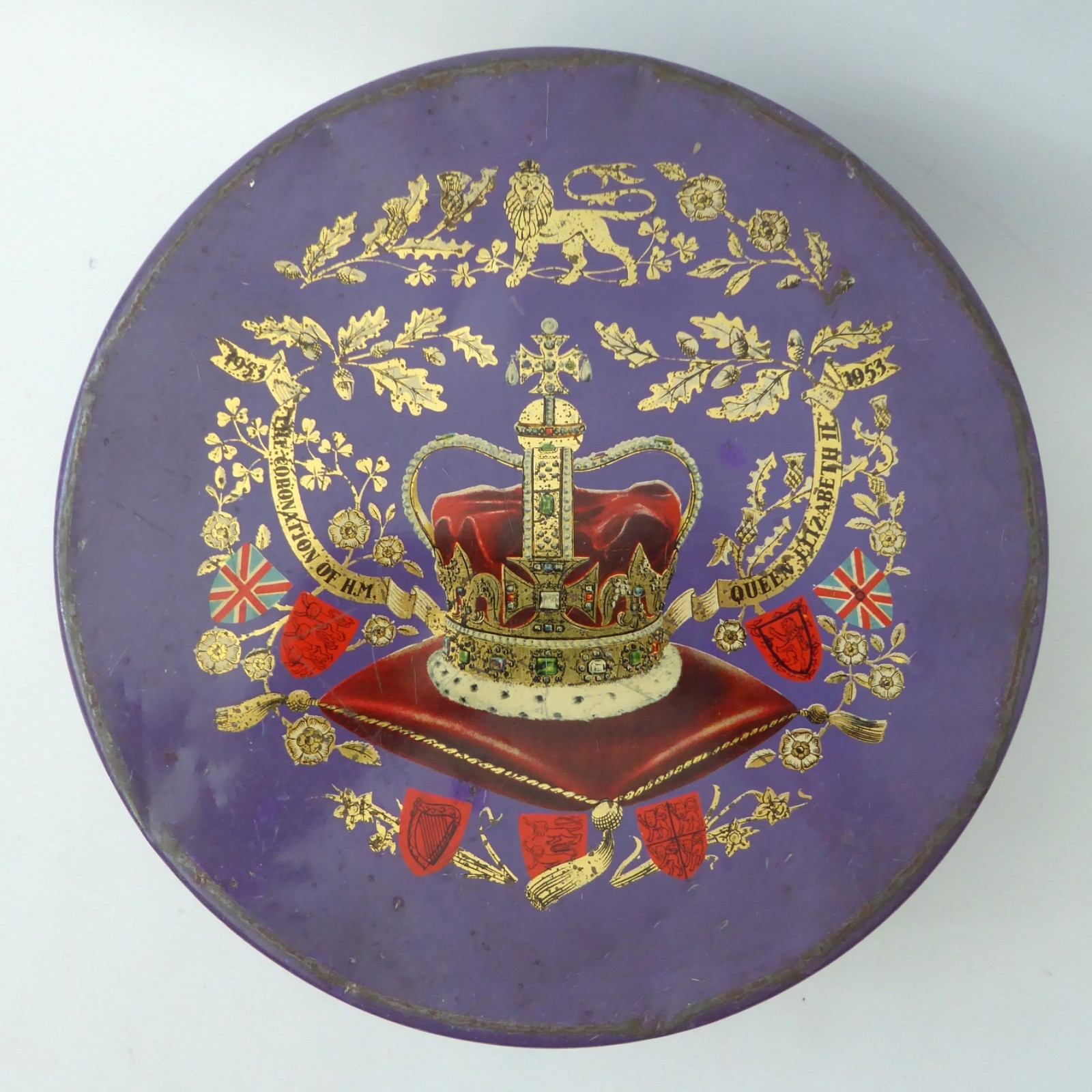 1953 HM Queen Elizabeth II Coronation biscuit tin. Vintage round purple + crown - Image 2