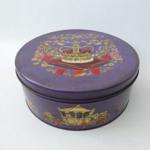 1953 HM Queen Elizabeth II Coronation biscuit tin. Vintage round purple + crown