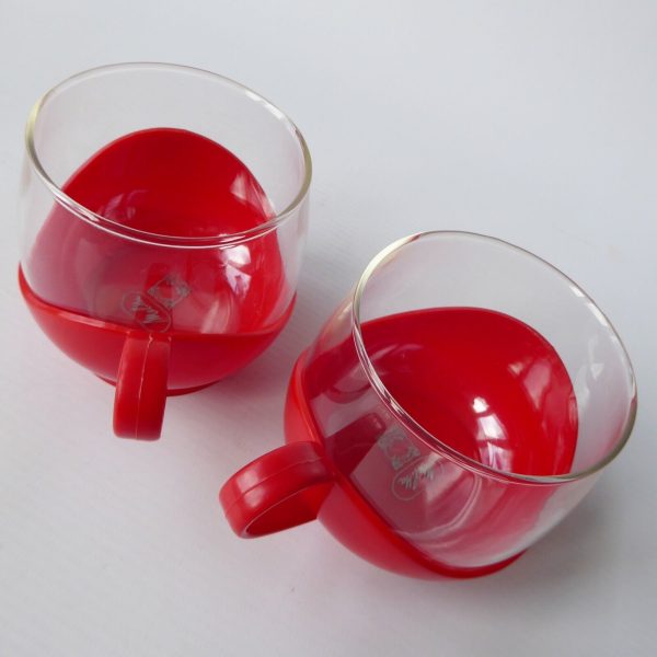 2x Melitta 1980s vintage Jena glass coffee tea cups in holders, red retro. Pyrex - Image 11