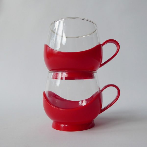 2x Melitta 1980s vintage Jena glass coffee tea cups in holders, red retro. Pyrex - Image 3