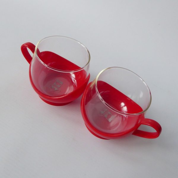 2x Melitta 1980s vintage Jena glass coffee tea cups in holders, red retro. Pyrex - Image 4