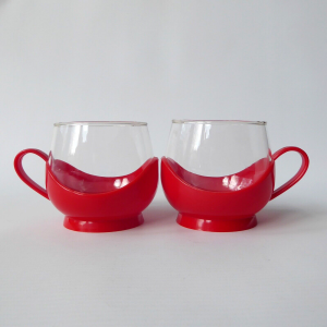 2x Melitta 1980s vintage Jena glass coffee tea cups in holders, red retro. Pyrex