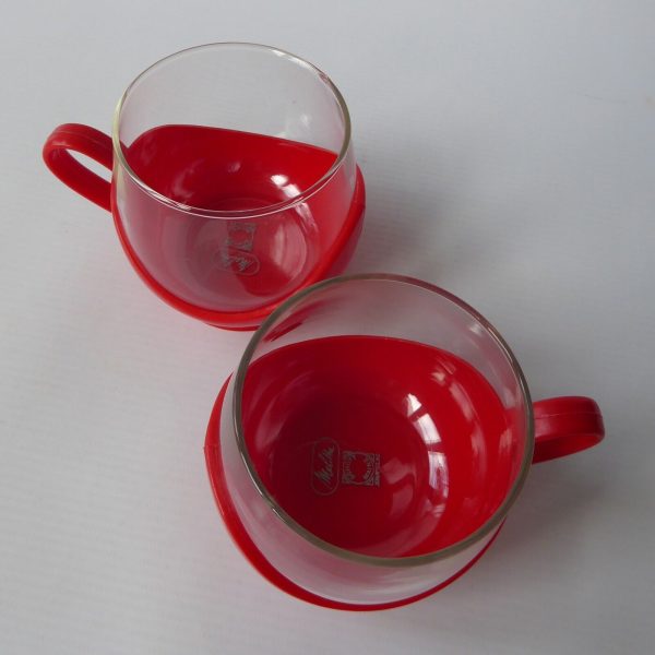2x Melitta 1980s vintage Jena glass coffee tea cups in holders, red retro. Pyrex - Image 5