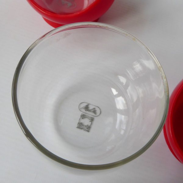 2x Melitta 1980s vintage Jena glass coffee tea cups in holders, red retro. Pyrex - Image 8