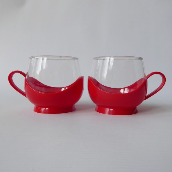 2x Melitta 1980s vintage Jena glass coffee tea cups in holders, red retro. Pyrex - Image 10