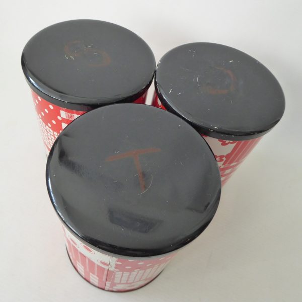 3 x 1960s 1970s retro red & white patchwork round tins, vintage crafts storage - Image 11