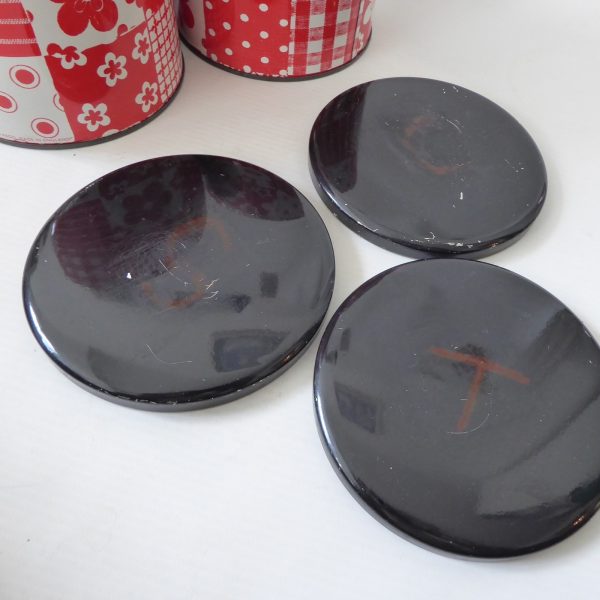 3 x 1960s 1970s retro red & white patchwork round tins, vintage crafts storage - Image 13