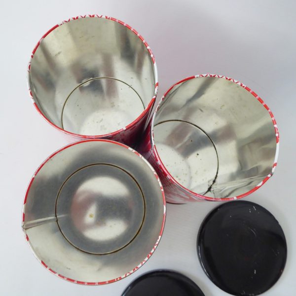 3 x 1960s 1970s retro red & white patchwork round tins, vintage crafts storage - Image 14