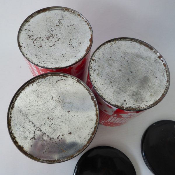 3 x 1960s 1970s retro red & white patchwork round tins, vintage crafts storage - Image 15