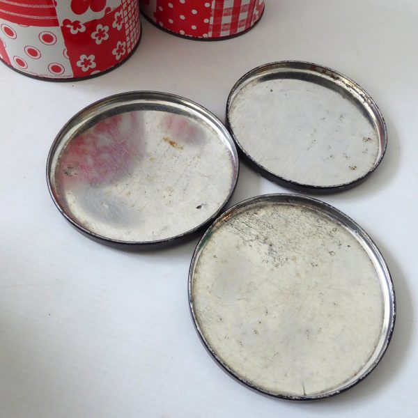 3 x 1960s 1970s retro red & white patchwork round tins, vintage crafts storage - Image 16