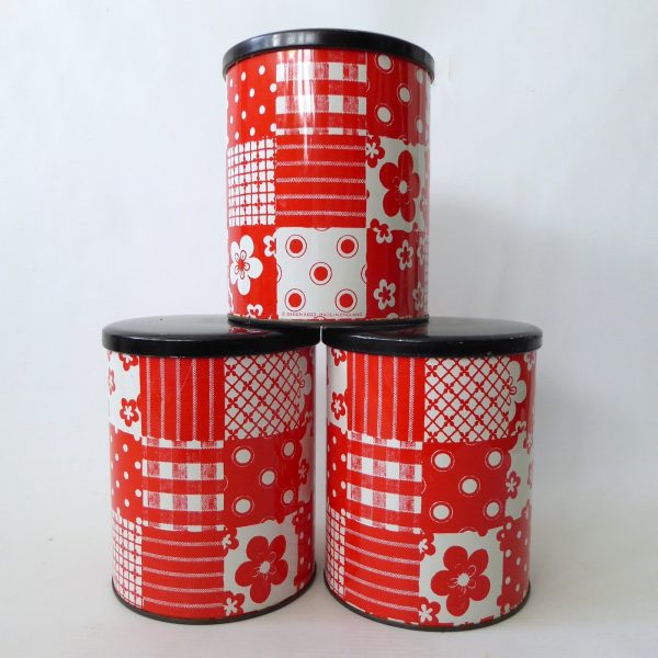 3 x 1960s 1970s retro red & white patchwork round tins, vintage crafts storage - Image 3