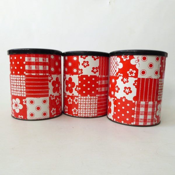 3 x 1960s 1970s retro red & white patchwork round tins, vintage crafts storage - Image 4