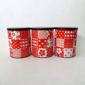 3 x 1960s 1970s retro red & white patchwork round tins, vintage crafts storage