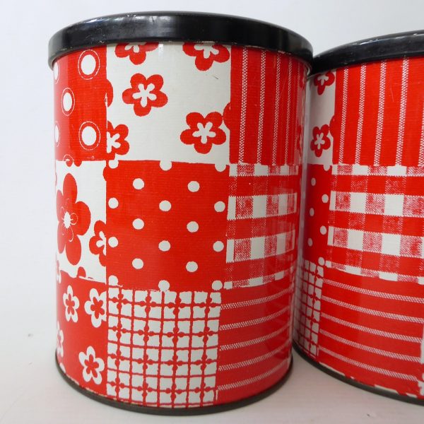 3 x 1960s 1970s retro red & white patchwork round tins, vintage crafts storage - Image 5