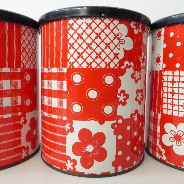 3 x 1960s 1970s retro red & white patchwork round tins, vintage crafts storage - Image 6