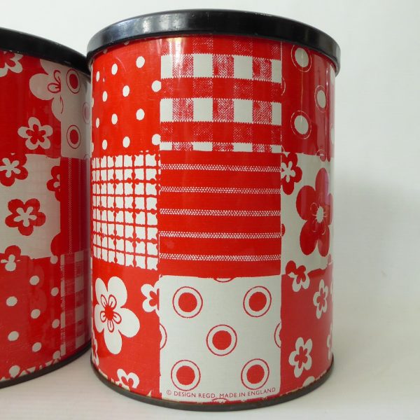3 x 1960s 1970s retro red & white patchwork round tins, vintage crafts storage - Image 7