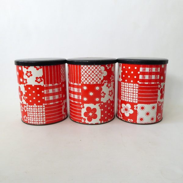3 x 1960s 1970s retro red & white patchwork round tins, vintage crafts storage