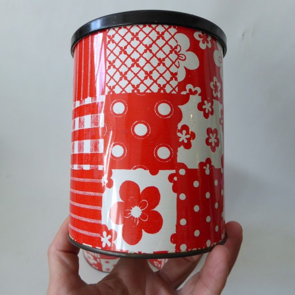 3 x 1960s 1970s retro red & white patchwork round tins, vintage crafts storage - Image 9