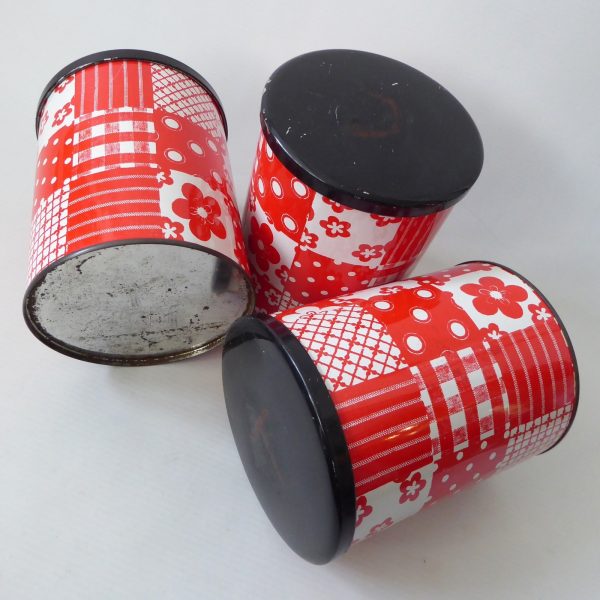 3 x 1960s 1970s retro red & white patchwork round tins, vintage crafts storage - Image 10