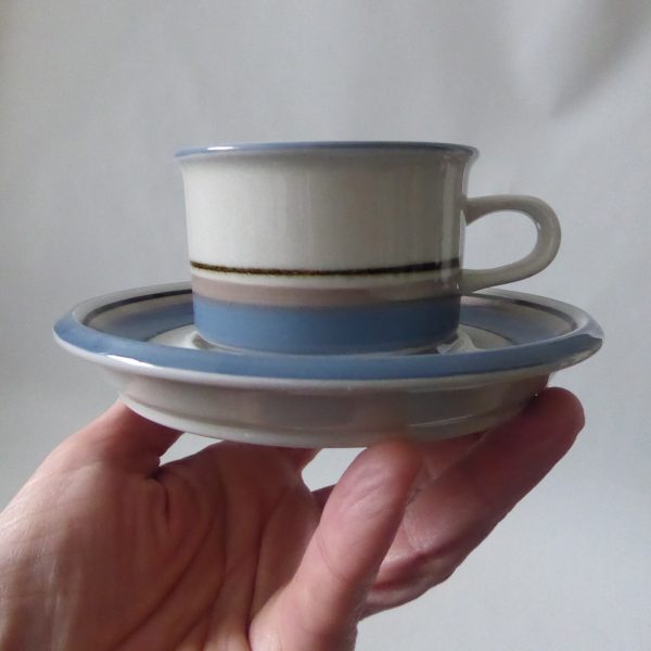 Arabia Uhtua blue stripe small cup & 2 saucers, 80s Finland. Demitasse espresso - Image 5