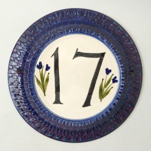 Bonchurch Pottery Isle of Wight pottery house number 17, seventeen plaque blue