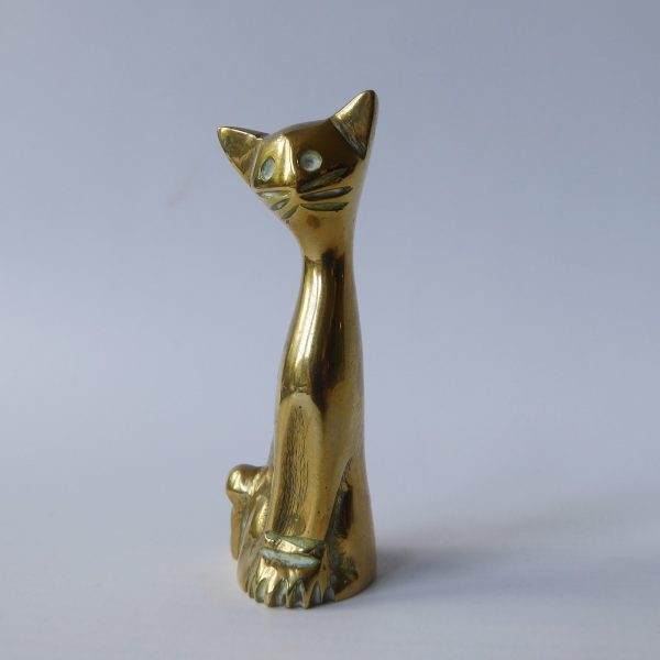 Brass small seated retro cat, vintage figurine statue. Metal modernist simple - Image 3