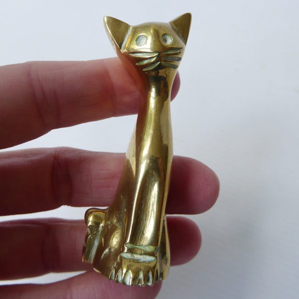 Brass small seated retro cat, vintage figurine statue. Metal modernist simple - Image 4