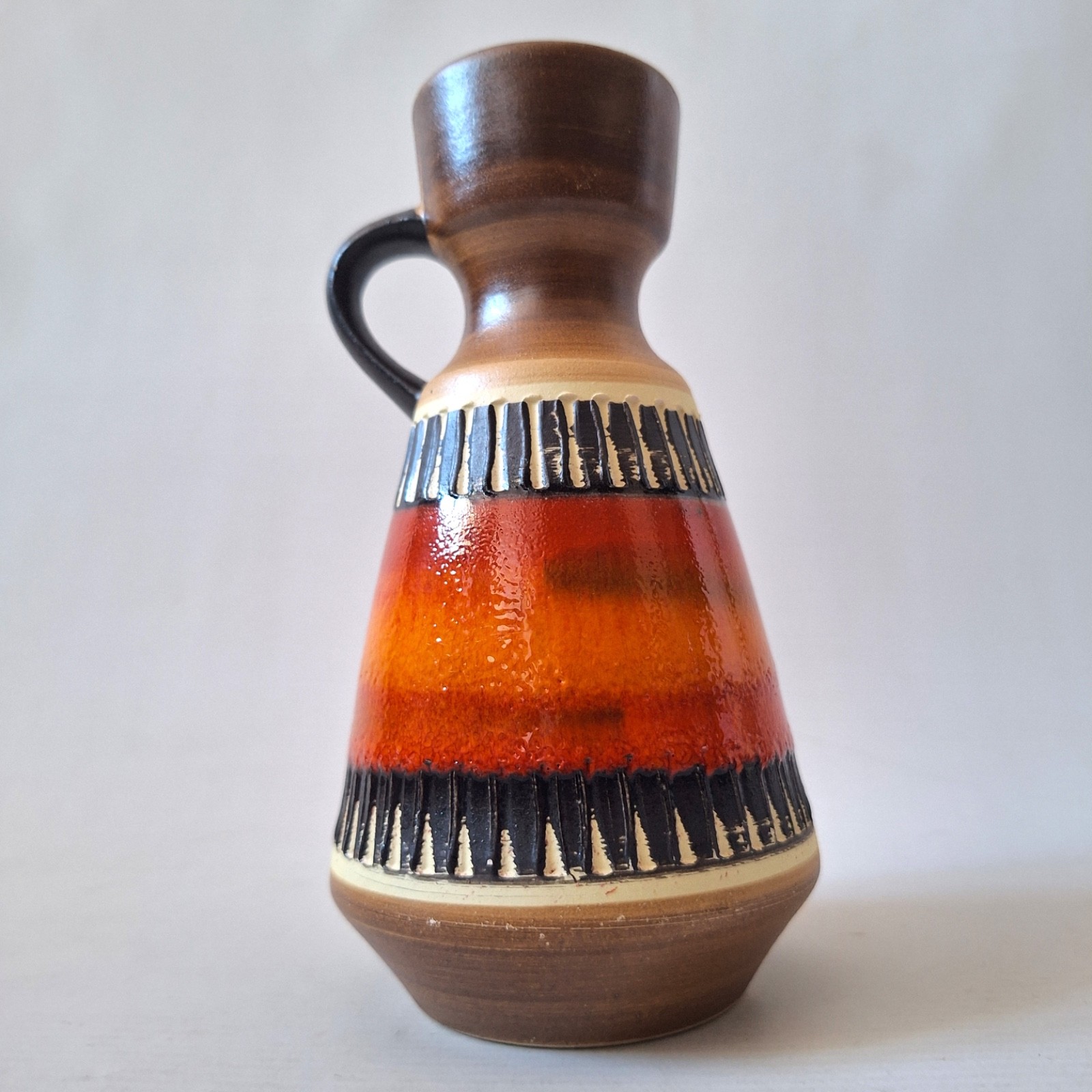 Dumler & Breiden West German pottery vase 303-16 glossy orange stripe. Retro 60s - Image 4