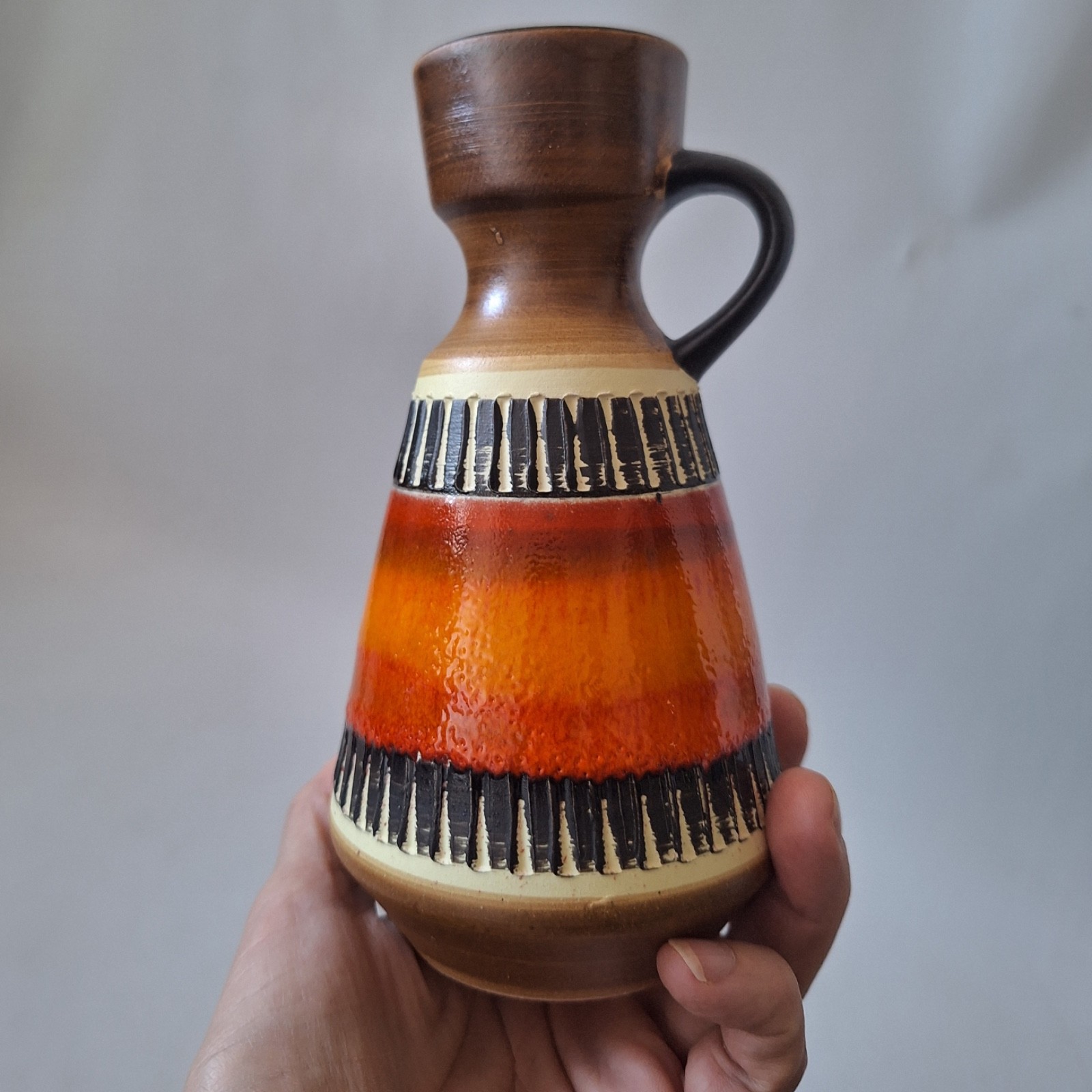 Dumler & Breiden West German pottery vase 303-16 glossy orange stripe. Retro 60s - Image 7