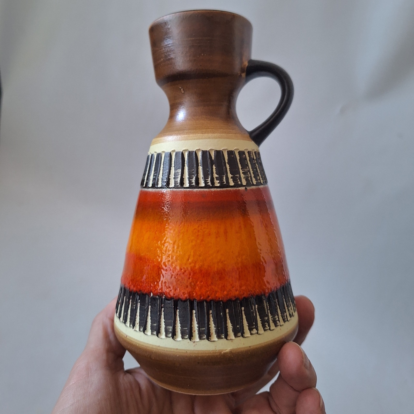 Dumler & Breiden West German pottery vase 303-16 glossy orange stripe. Retro 60s - Image 8
