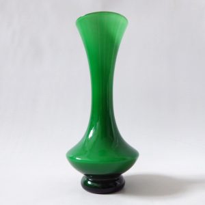 Empoli/Scandi style vintage 1970s green cased white art glass vase. Retro hooped