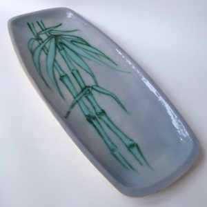 Eric Leaper 18" bamboo dish plate, Cornish Studio Pottery, Newlyn. Green blue