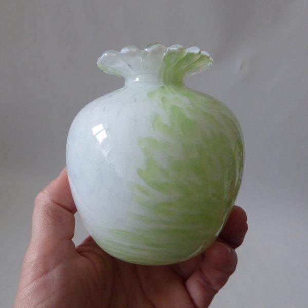 Guernsey Island Studio art glass speckled pale green & white vase, stamped, 80s - Image 11