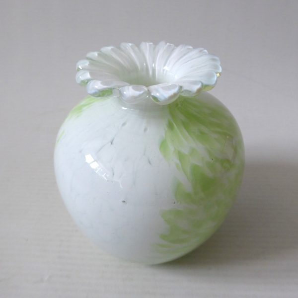 Guernsey Island Studio art glass speckled pale green & white vase, stamped, 80s - Image 7
