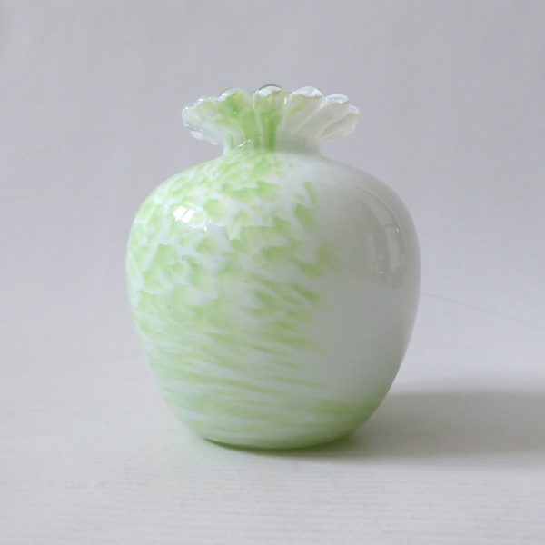 Guernsey Island Studio art glass speckled pale green & white vase, stamped, 80s