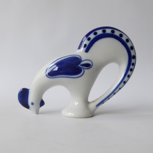 Gzhel USSR hand painted blue white porcelain rooster figurine, vintage Russian