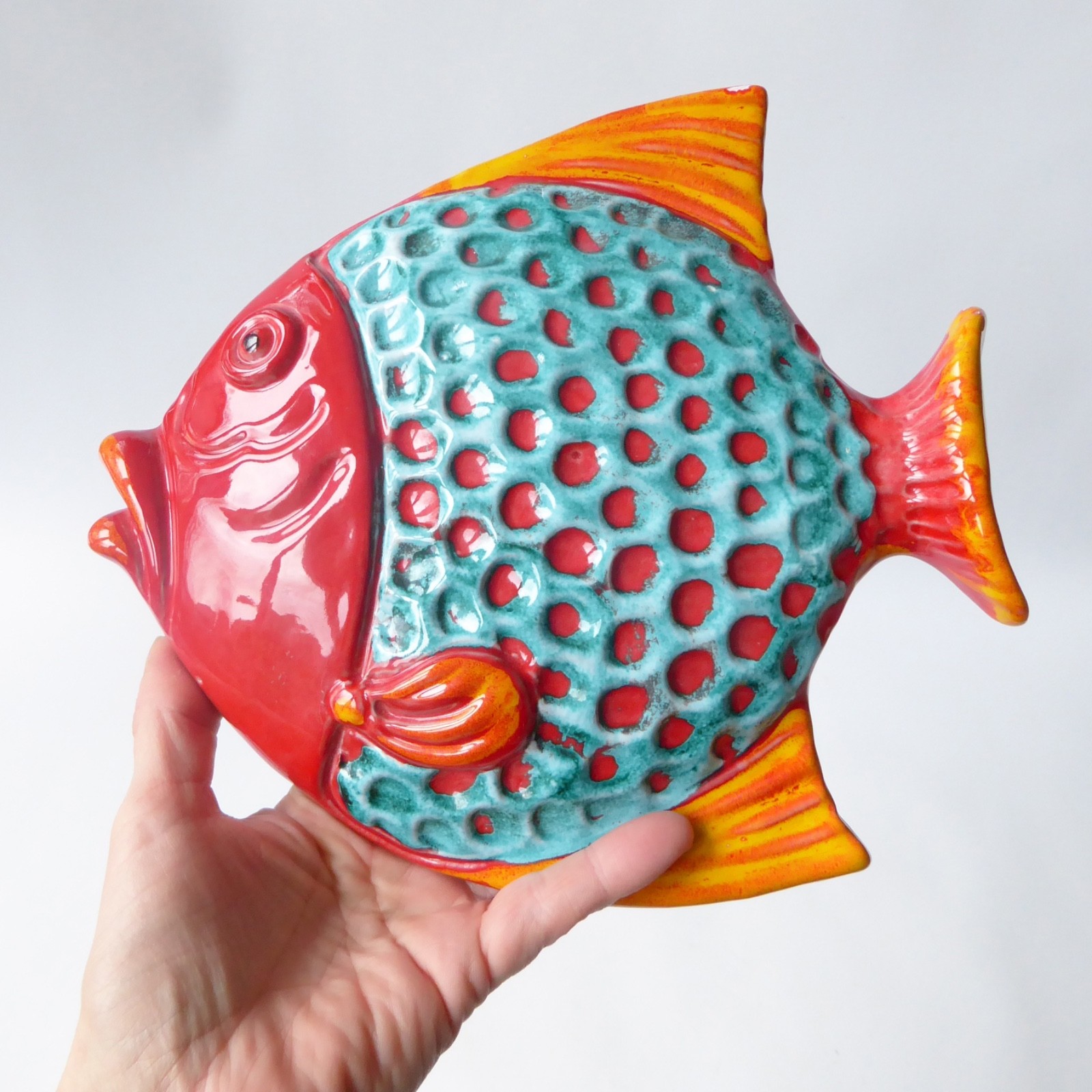 Italian ceramic large red fish wall plaque hanging picture art Mid century style - Image 3