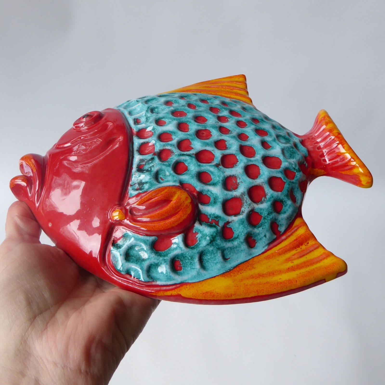 Italian ceramic large red fish wall plaque hanging picture art Mid century style - Image 6