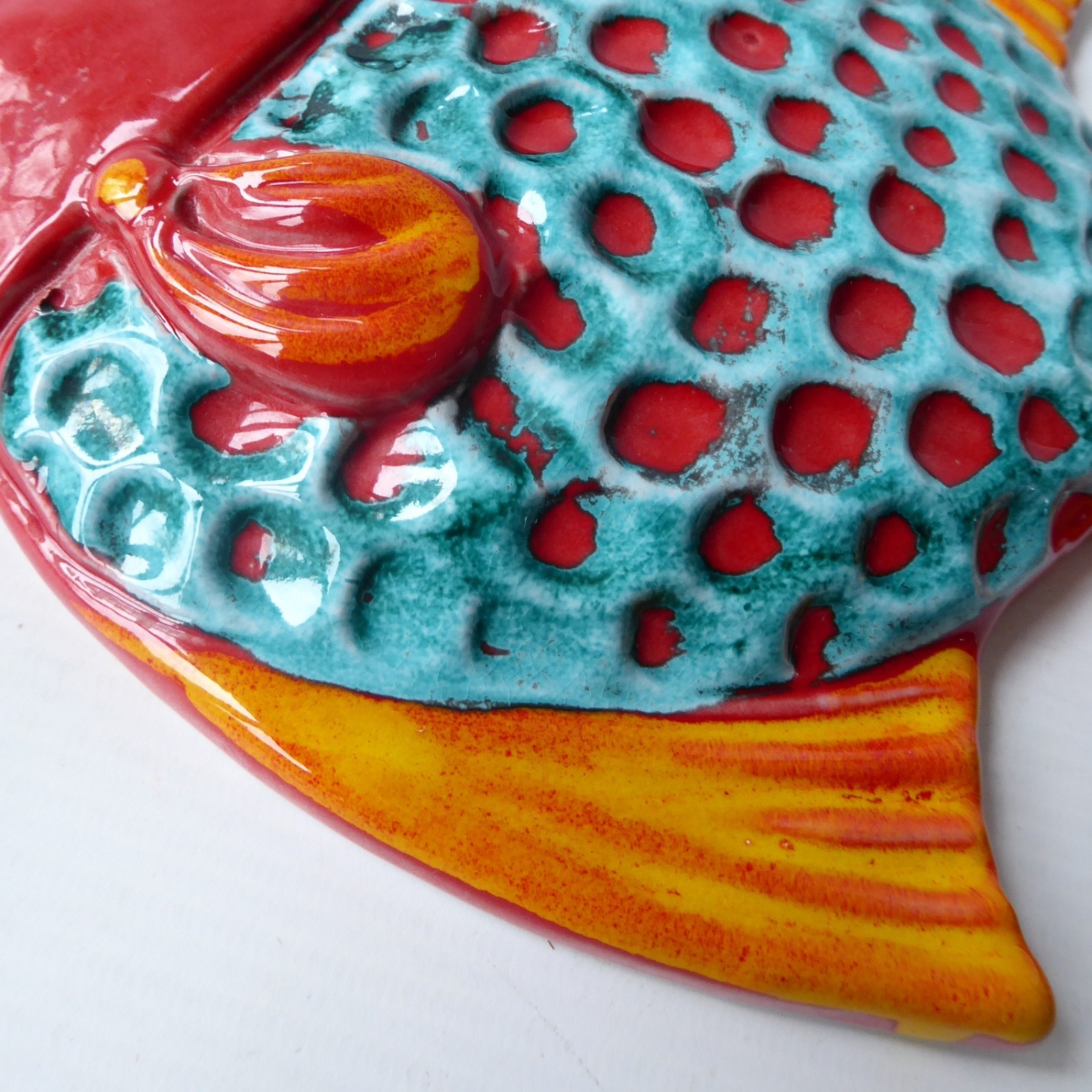 Italian ceramic large red fish wall plaque hanging picture art Mid century style - Image 8